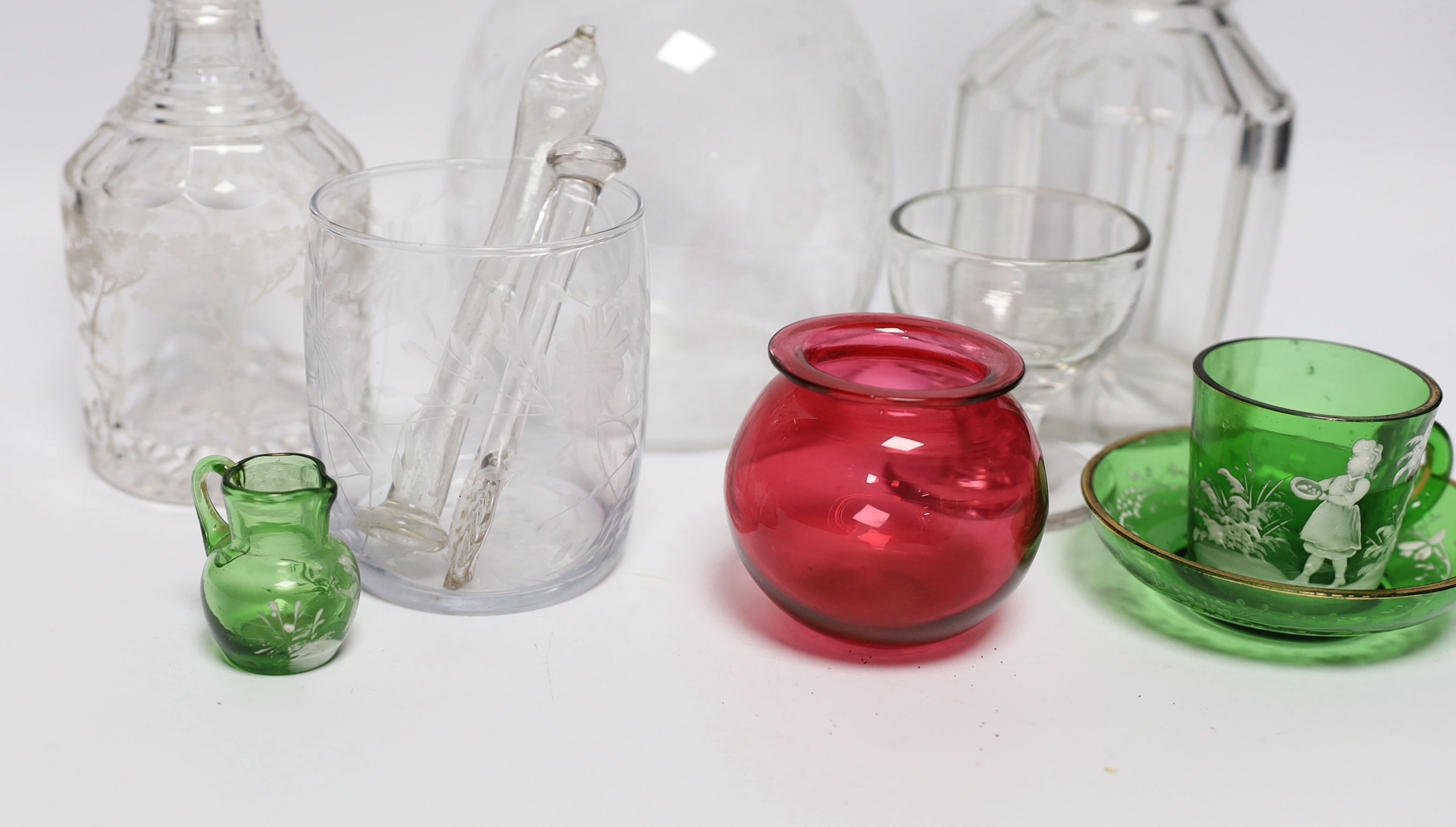 Two 19th century decanters and other various glassware including Mary Gregory style